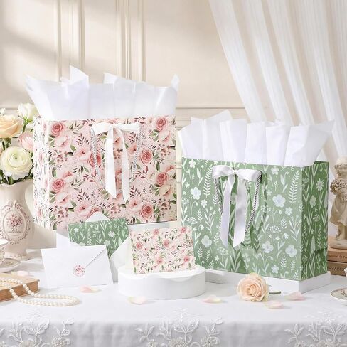 Silkfly 2 Pack Large Floral Gift Bags with Tissue Paper Ribbon Card & Envelope 13'' Flower Gift Bags for Woman Wedding Bridal Shower Baby Shower Birthday Spring Tea Party Flower Girl in Kuwait