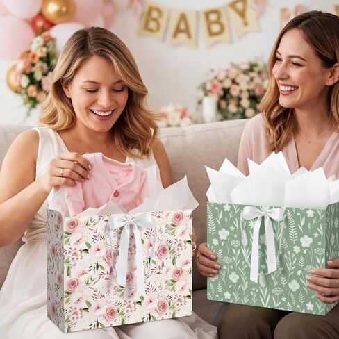 Silkfly 2 Pack Large Floral Gift Bags with Tissue Paper Ribbon Card & Envelope 13'' Flower Gift Bags for Woman Wedding Bridal Shower Baby Shower Birthday Spring Tea Party Flower Girl in Kuwait