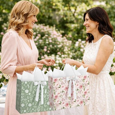 Silkfly 2 Pack Large Floral Gift Bags with Tissue Paper Ribbon Card & Envelope 13'' Flower Gift Bags for Woman Wedding Bridal Shower Baby Shower Birthday Spring Tea Party Flower Girl in Kuwait