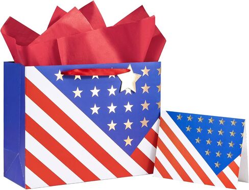 Loveinside 13" Large Patriotic Gift Bag, Gold Foil Star American Flag Design Gift Bag with Tissue Paper, Card, Tag for 4th of July, Memorial Day, Veterans Day, Patriotic Party, 13" x 5" x 10", 1 Pcs in Kuwait