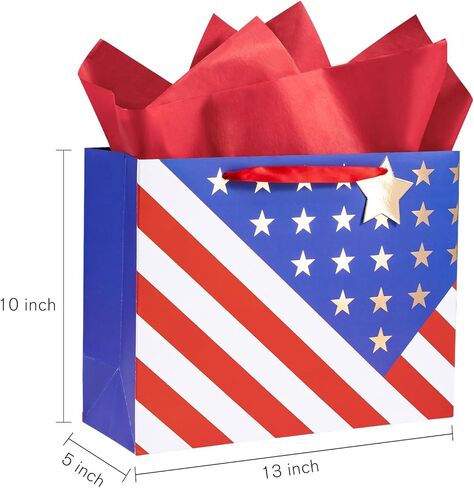 Loveinside 13" Large Patriotic Gift Bag, Gold Foil Star American Flag Design Gift Bag with Tissue Paper, Card, Tag for 4th of July, Memorial Day, Veterans Day, Patriotic Party, 13" x 5" x 10", 1 Pcs in Kuwait