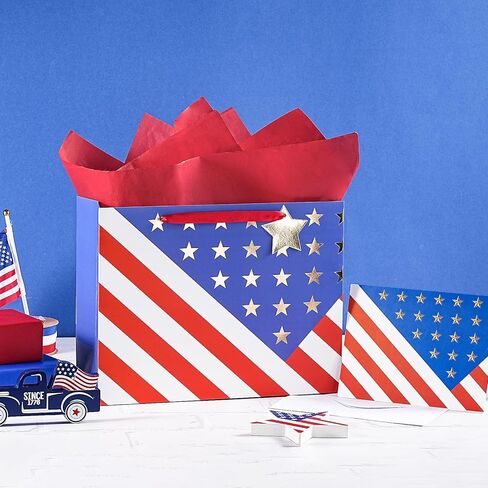 Loveinside 13" Large Patriotic Gift Bag, Gold Foil Star American Flag Design Gift Bag with Tissue Paper, Card, Tag for 4th of July, Memorial Day, Veterans Day, Patriotic Party, 13" x 5" x 10", 1 Pcs in Kuwait