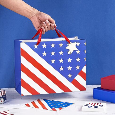 Loveinside 13" Large Patriotic Gift Bag, Gold Foil Star American Flag Design Gift Bag with Tissue Paper, Card, Tag for 4th of July, Memorial Day, Veterans Day, Patriotic Party, 13" x 5" x 10", 1 Pcs in Kuwait