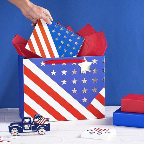 Loveinside 13" Large Patriotic Gift Bag, Gold Foil Star American Flag Design Gift Bag with Tissue Paper, Card, Tag for 4th of July, Memorial Day, Veterans Day, Patriotic Party, 13" x 5" x 10", 1 Pcs in Kuwait