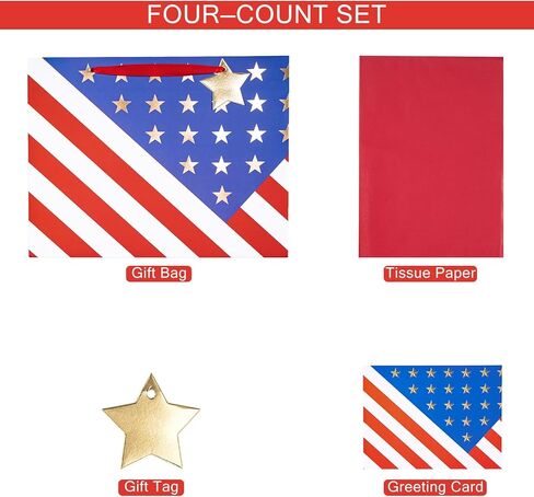 Loveinside 13" Large Patriotic Gift Bag, Gold Foil Star American Flag Design Gift Bag with Tissue Paper, Card, Tag for 4th of July, Memorial Day, Veterans Day, Patriotic Party, 13" x 5" x 10", 1 Pcs in Kuwait
