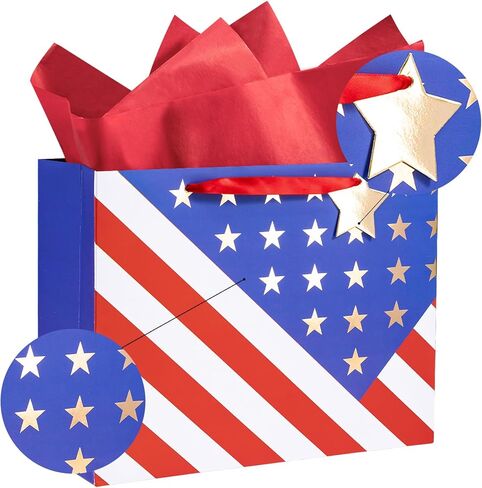 Loveinside 13" Large Patriotic Gift Bag, Gold Foil Star American Flag Design Gift Bag with Tissue Paper, Card, Tag for 4th of July, Memorial Day, Veterans Day, Patriotic Party, 13" x 5" x 10", 1 Pcs in Kuwait
