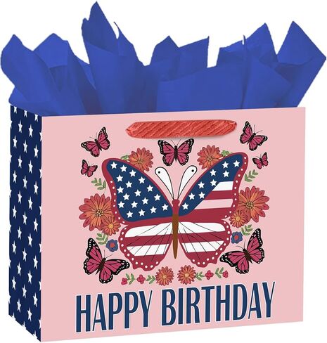 Loveinside 13" Large Patriotic Gift Bag, Gold Foil Star American Flag Design Gift Bag with Tissue Paper, Card, Tag for 4th of July, Memorial Day, Veterans Day, Patriotic Party, 13" x 5" x 10", 1 Pcs in Kuwait