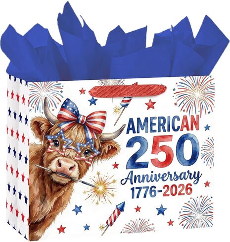 Loveinside 13" Large Patriotic Gift Bag, Gold Foil Star American Flag Design Gift Bag with Tissue Paper, Card, Tag for 4th of July, Memorial Day, Veterans Day, Patriotic Party, 13" x 5" x 10", 1 Pcs in Kuwait