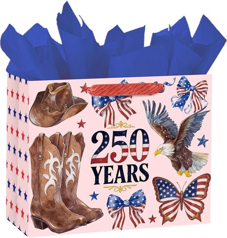 Loveinside 13" Large Patriotic Gift Bag, Gold Foil Star American Flag Design Gift Bag with Tissue Paper, Card, Tag for 4th of July, Memorial Day, Veterans Day, Patriotic Party, 13" x 5" x 10", 1 Pcs in Kuwait
