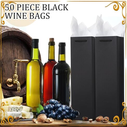 Ovveroche 50 Pack Black Wine Gift Bags Wine Bottle Gift Bags with Handles and Tissue Paper for Christmas Holiday Birthday Wedding Party in Kuwait