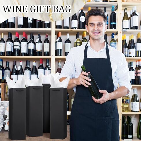 Ovveroche 50 Pack Black Wine Gift Bags Wine Bottle Gift Bags with Handles and Tissue Paper for Christmas Holiday Birthday Wedding Party in Kuwait