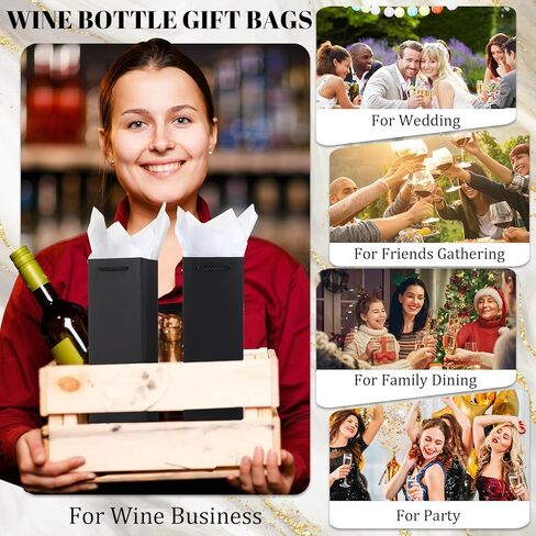 Ovveroche 50 Pack Black Wine Gift Bags Wine Bottle Gift Bags with Handles and Tissue Paper for Christmas Holiday Birthday Wedding Party in Kuwait