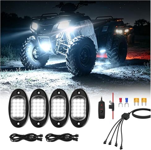 8Pods Pure White LED Rock Lights Kit with Switch Wiring Harness Extension Wire, 6000K 15LEDs Neon Underglow Light Waterproof Fender Lights for Car Trucks Jeep Off Road ATV UTV SUV in Kuwait