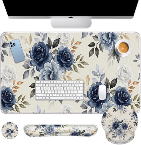 Arttown Spring Flower Desk Mat Leaves Blue White Flower Mouse Pad Set 4 in 1 Ergonomic Design Large Mouse Pad + Keyboard Wrist Rest + Mouse Wrist Rest + Coaster Suitable for Home Office Study Game in Kuwait