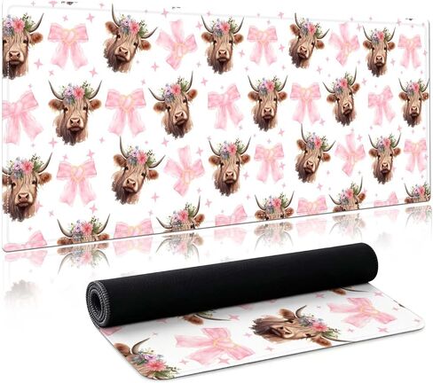 Large Pink Bow Highland Cow Desk Matt for Desktop,Cute Desk Pad Mat,Large Mouse Pad,Highland Cow Desk Accessories,Anti Slip Mousepad with Stitched Edges,Keyboard Pad Mouse Mat for Computer,Work,Gaming in Kuwait