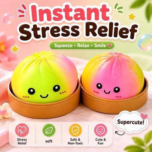 2Pcs Rainbow Dumpling Stress Relief Balls for Adults, Soft Squeeze Fidget Ball with Food Steamer, Relief Hand Balls for Party Favors, Relaxation & Daily Calm Gifts in Saudi Arabia