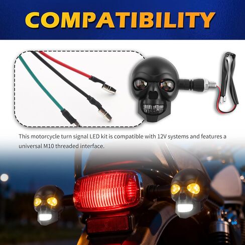 Skull Head LED Motorcycle Turn Signals, 2PCS, 12V | High Brightness, Universal M10 Thread, For Car Decorations & Lighting, Motorcycle Blinkers in Saudi Arabia