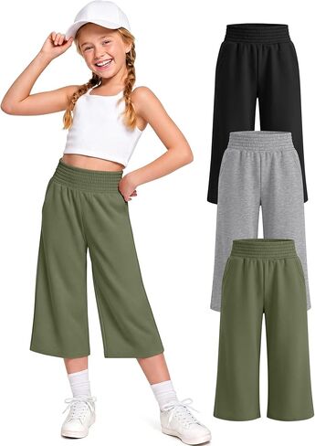 3 Pack Girls Capri Pants High Waist Wide Leg Capri Sweatpants Summer Casual Workout Cropped Pants with Pockets in Saudi Arabia