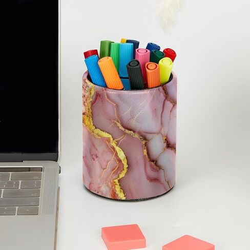 Pencil Holder for Desk, Pink Marble Gold Veins Pen Organizer, Makeup Art Supply Cup Holder, Leather Desk Organizer Accessories Decor for Office, School, Home in Saudi Arabia