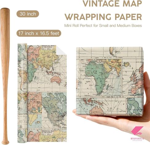 WRAPAHOLIC Vintage World Map Wrapping Paper Roll - Mini Roll - 17 Inch x 16.5 Feet - Antique Retro Wrapping Paper with World Map Design for Birthday, Travel Lovers, Graduation, Father's Day in Kuwait