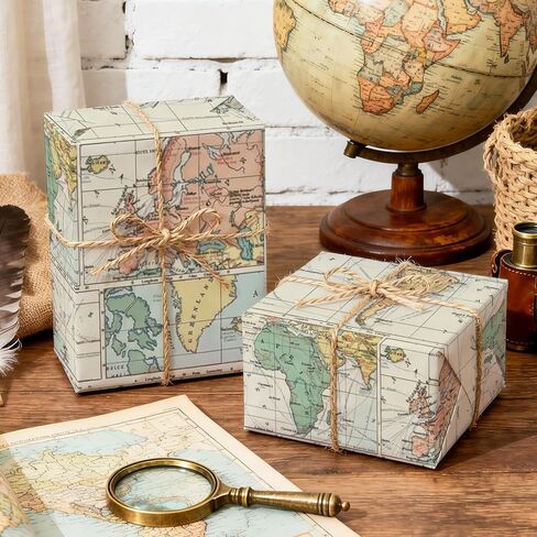 WRAPAHOLIC Vintage World Map Wrapping Paper Roll - Mini Roll - 17 Inch x 16.5 Feet - Antique Retro Wrapping Paper with World Map Design for Birthday, Travel Lovers, Graduation, Father's Day in Kuwait