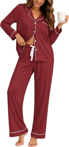 Womens Pajamas Sets 2 Piece Long Sleeve and Pant Pj Sets Button Up Sleepwear in Saudi Arabia