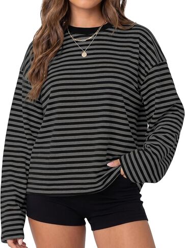Cioatin Women Oversized Long Sleeve Striped Tee Shirt Tops Y2K Aesthetic Preppy Crewneck Sweatshirt Pullover Fall Outfits in Saudi Arabia