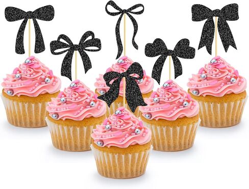Bow Cupcake Toppers Black Bow Cake Toppers Bowknot Theme Cake Pick for Bachelorette Bridal Engagement Wedding Girl Baby Shower Bow Theme Party Decor - 24 Pack in Kuwait