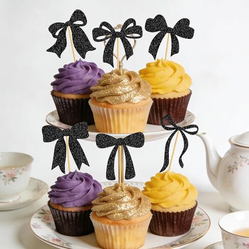 Bow Cupcake Toppers Black Bow Cake Toppers Bowknot Theme Cake Pick for Bachelorette Bridal Engagement Wedding Girl Baby Shower Bow Theme Party Decor - 24 Pack in Kuwait