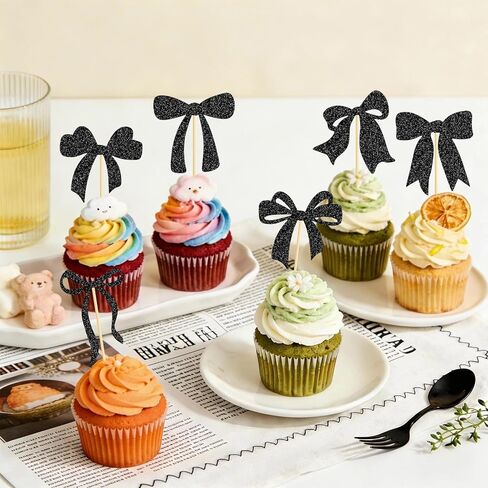 Bow Cupcake Toppers Black Bow Cake Toppers Bowknot Theme Cake Pick for Bachelorette Bridal Engagement Wedding Girl Baby Shower Bow Theme Party Decor - 24 Pack in Kuwait
