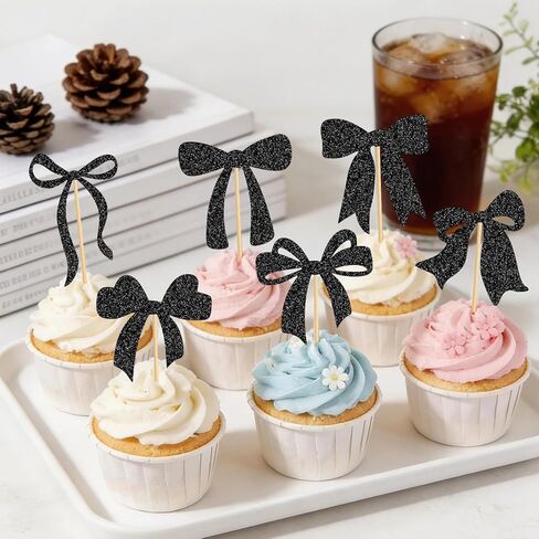 Bow Cupcake Toppers Black Bow Cake Toppers Bowknot Theme Cake Pick for Bachelorette Bridal Engagement Wedding Girl Baby Shower Bow Theme Party Decor - 24 Pack in Kuwait