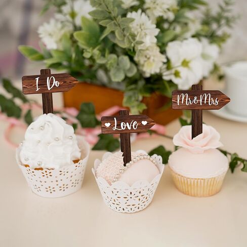12 PCS Wedding Cupcake Toppers in Wood Rustic Wedding Cake Decoration in Saudi Arabia