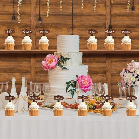 12 PCS Wedding Cupcake Toppers in Wood Rustic Wedding Cake Decoration in Saudi Arabia