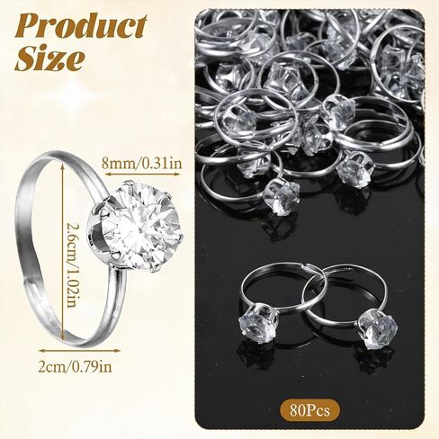 80PCS Fake Diamond Ring, Adjustable Wedding Rings for Bridal Shower Engagement Ring for Table Decorations, Party Game Supply, Favor Accents, Cupcake Toppers in Kuwait