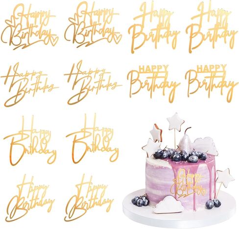 12 Pcs Happy Birthday Cupcake Toppers, Acrylic Cake Topper Sign Mini Cakes Supplies Cupcake Gold Happy Birthday Decoration for Celebrating Birth Born Theme Party in Saudi Arabia