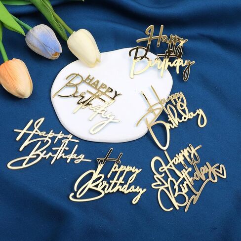 12 Pcs Happy Birthday Cupcake Toppers, Acrylic Cake Topper Sign Mini Cakes Supplies Cupcake Gold Happy Birthday Decoration for Celebrating Birth Born Theme Party in Saudi Arabia