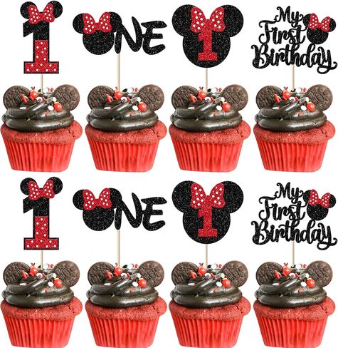 Rsstarxi 24 Pack My 1st Birthday Mouse Inspired Cupcake Toppers, First Birthday Party Decorations Red Bow One Cupcake Picks for Baby Shower 1st Birthday Party Cake Decorations in Kuwait