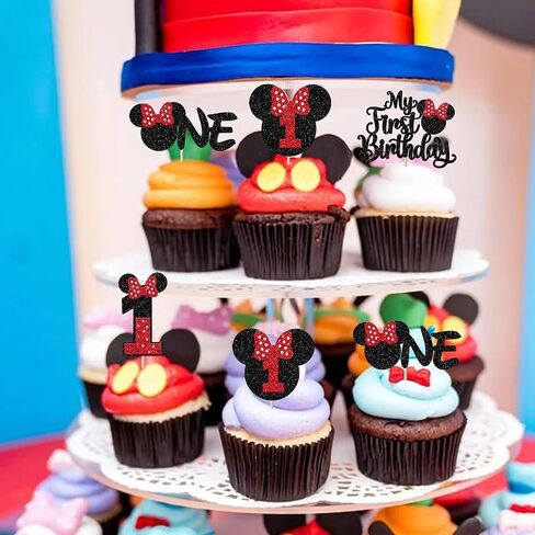 Rsstarxi 24 Pack My 1st Birthday Mouse Inspired Cupcake Toppers, First Birthday Party Decorations Red Bow One Cupcake Picks for Baby Shower 1st Birthday Party Cake Decorations in Kuwait