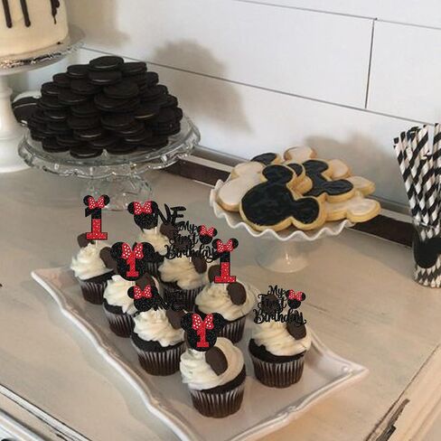 Rsstarxi 24 Pack My 1st Birthday Mouse Inspired Cupcake Toppers, First Birthday Party Decorations Red Bow One Cupcake Picks for Baby Shower 1st Birthday Party Cake Decorations in Kuwait