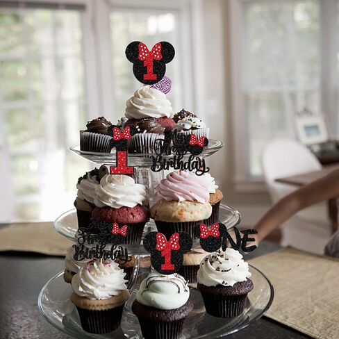 Rsstarxi 24 Pack My 1st Birthday Mouse Inspired Cupcake Toppers, First Birthday Party Decorations Red Bow One Cupcake Picks for Baby Shower 1st Birthday Party Cake Decorations in Kuwait