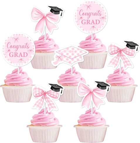 Pink Bow Graduation Decorations, 36pcs Congrats Grad Decorations Pink Cupcake Toppers Double-Sided Printing Pre-Assemble for Girl Class of 2026 Graduations Party Decorations in Kuwait