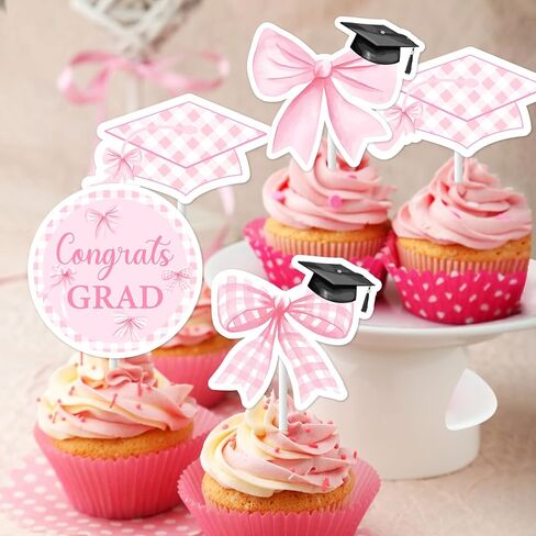 Pink Bow Graduation Decorations, 36pcs Congrats Grad Decorations Pink Cupcake Toppers Double-Sided Printing Pre-Assemble for Girl Class of 2026 Graduations Party Decorations in Kuwait