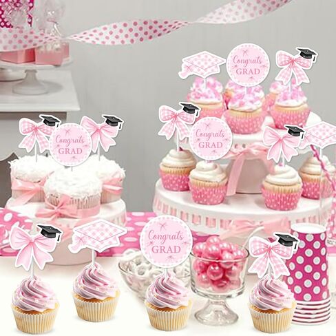 Pink Bow Graduation Decorations, 36pcs Congrats Grad Decorations Pink Cupcake Toppers Double-Sided Printing Pre-Assemble for Girl Class of 2026 Graduations Party Decorations in Kuwait