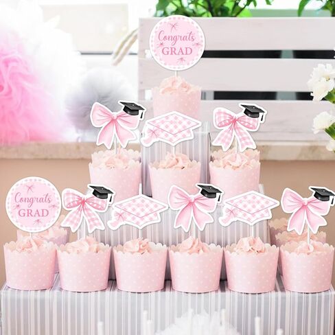 Pink Bow Graduation Decorations, 36pcs Congrats Grad Decorations Pink Cupcake Toppers Double-Sided Printing Pre-Assemble for Girl Class of 2026 Graduations Party Decorations in Kuwait