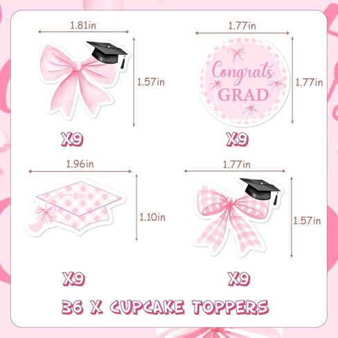 Pink Bow Graduation Decorations, 36pcs Congrats Grad Decorations Pink Cupcake Toppers Double-Sided Printing Pre-Assemble for Girl Class of 2026 Graduations Party Decorations in Kuwait