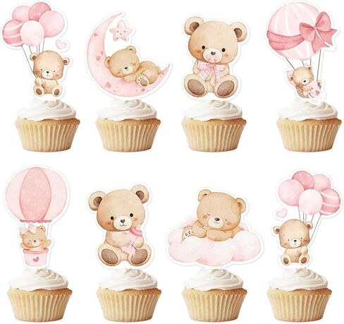 48PCS Pink Bear Cupcake Toppers - Bearly Wait Baby Shower Cake Decorations, Gender Reveal Cupcake Decor - Double-Sided in Saudi Arabia