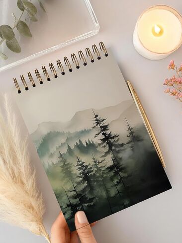 Nature Misty Forest Top Spiral Notebook 8.3x5.5in - Vintage Blank Pages Steno Notebooks Top Bound Spiral Notebook Hardcover, Green Forest Mountain Left Handed Notebooks, Nature Lovers Gifts in Saudi Arabia