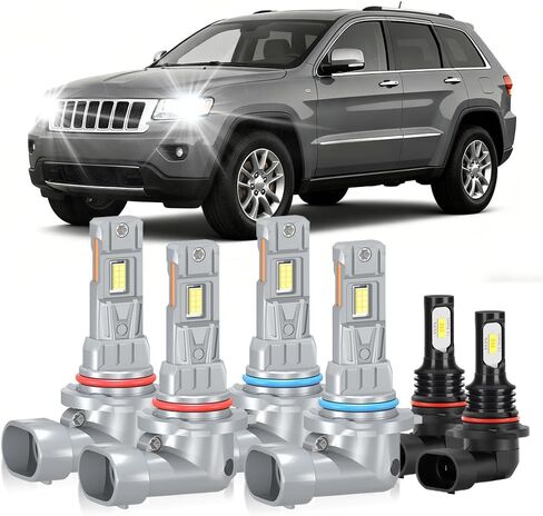 Compatible For Jeep Grand Cherokee High and Low Beams Fog Lights Bulbs 1999 2000 2001 2002 2003 2004 2005 2006 2007 2008 2009 2010, 6000K White, 20000LM 800% Brightness, Plug n Play, 6PCS in Saudi Arabia