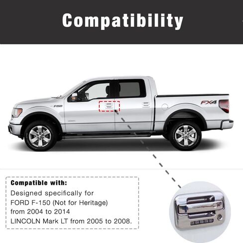 غطاء مقبض الباب مطلي بالكروم من SEGADEN متوافق مع 2004-2014 Ford F-150 F150 2005-2008 Lincoln Mark LT (4 أبواب مع لوحة مفاتيح بدون فتحة مفتاح للركاب) XG7705 in Kuwait