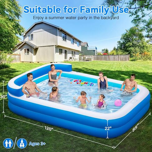 Extra Large Inflatable Pool for Adults 120"x85"x26" – Blow Up Pool with Seats & Backrest, Fits 10 Adults, Air Pump Included, Heavy Duty Above Ground Family Swimming Pool, Inflatable Pool for Backyard in Saudi Arabia